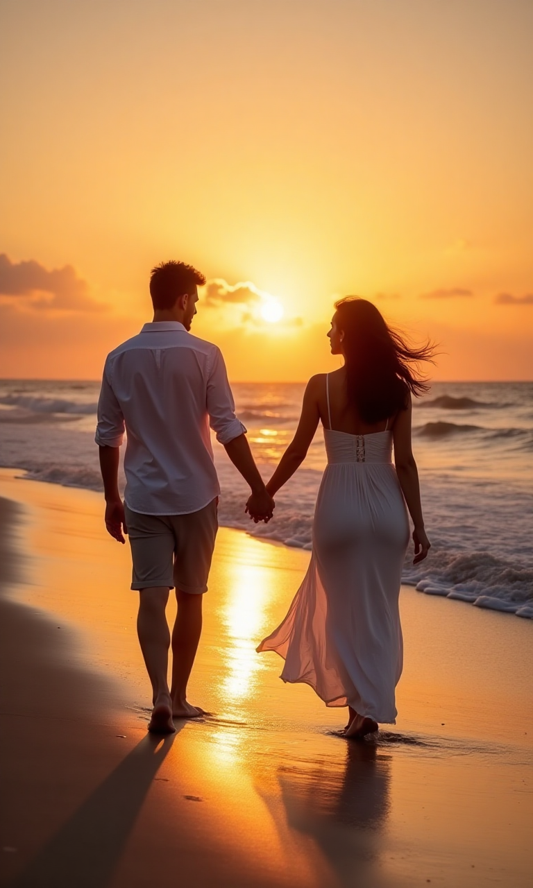 Couple walking at sunset