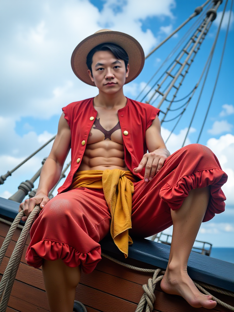 Pirate on a wooden ship under a blue sky
