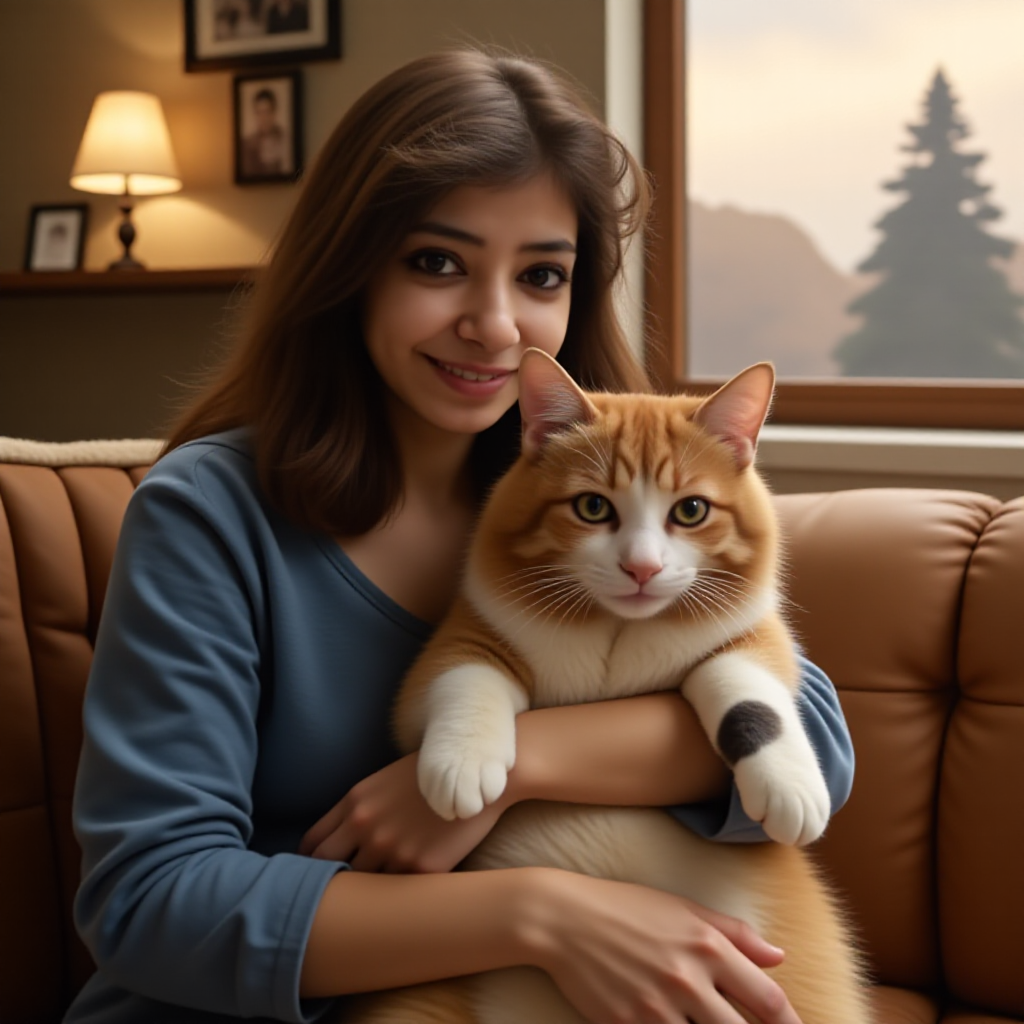 A woman smiling while holding a fluffy orange tabby cat on a cozy couch