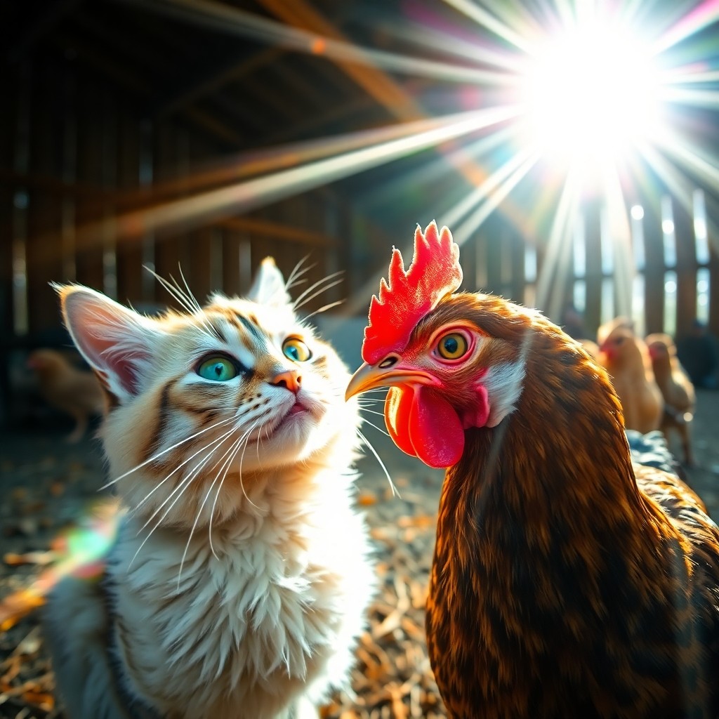 Curious cat meets friendly rooster in sunlit barn