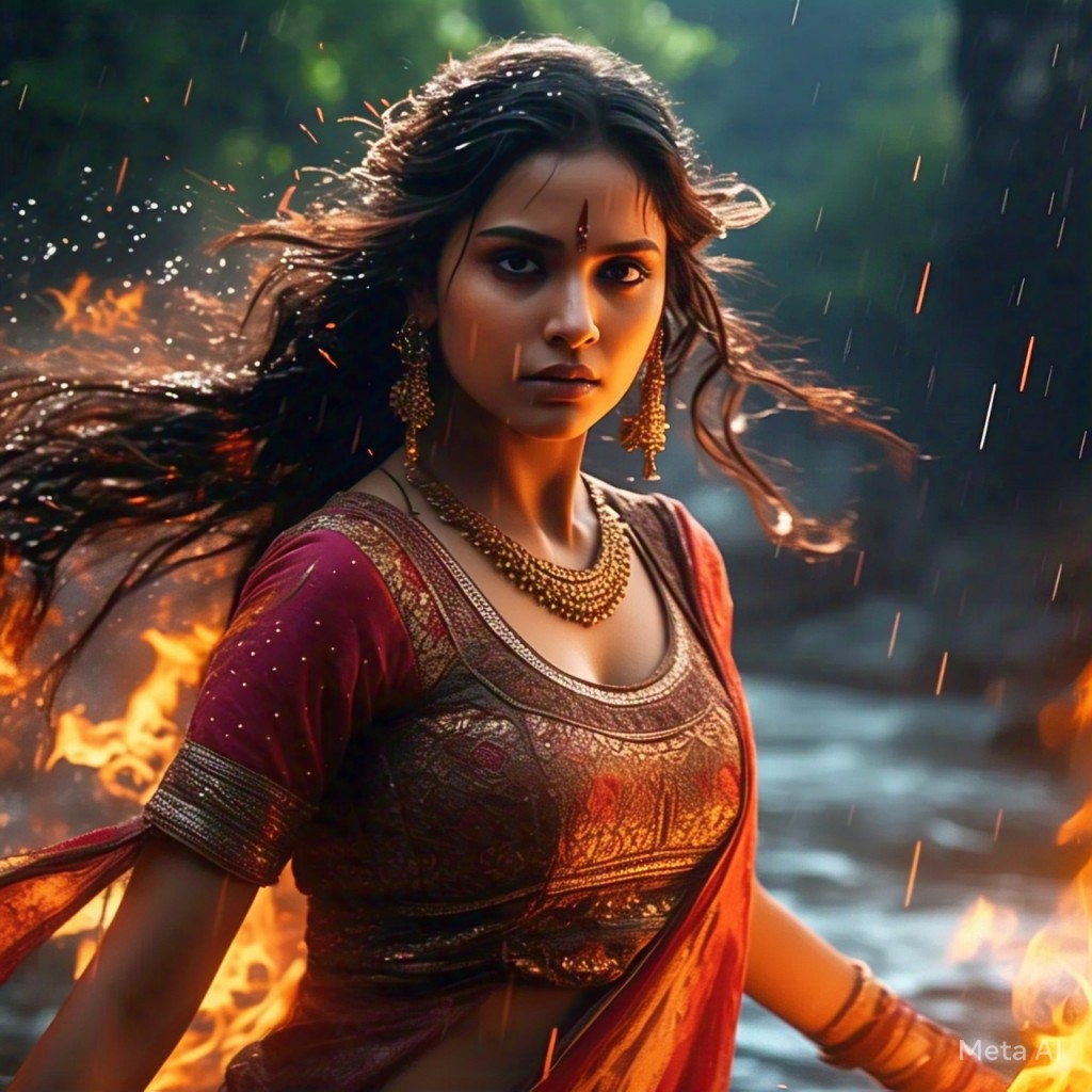 A woman in vibrant traditional attire stands amidst swirling flames and raindrops against a lush forest backdrop