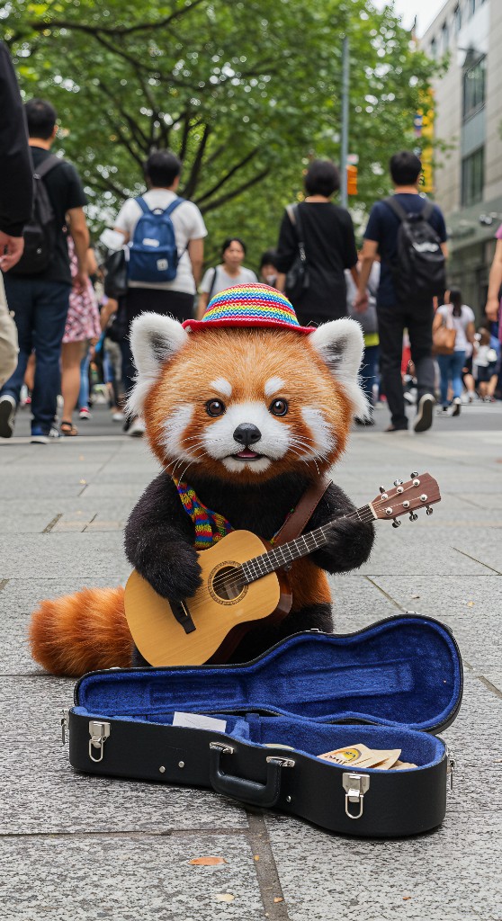 Red panda strumming guitar on city street