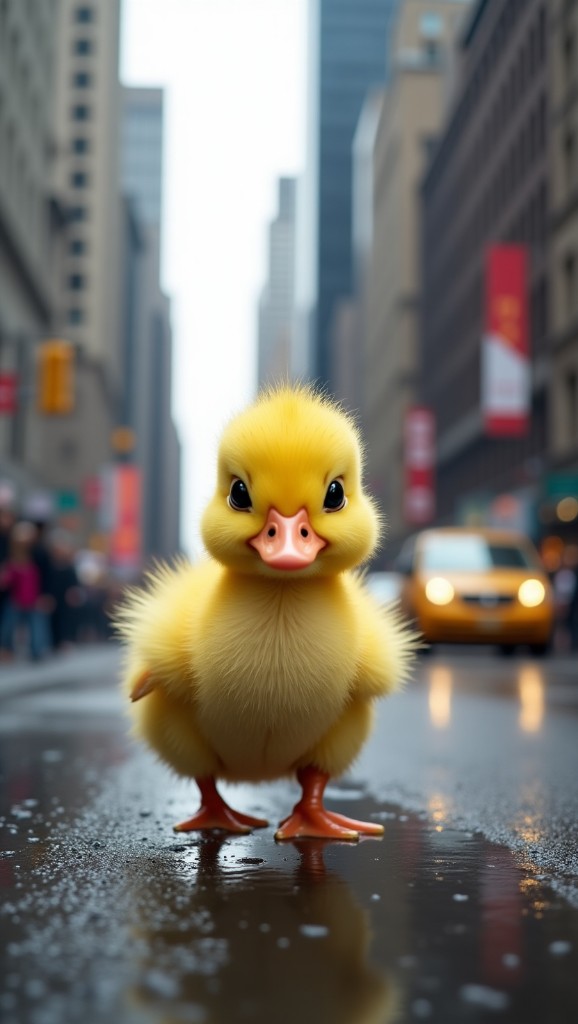 Curious yellow duckling on wet city street
