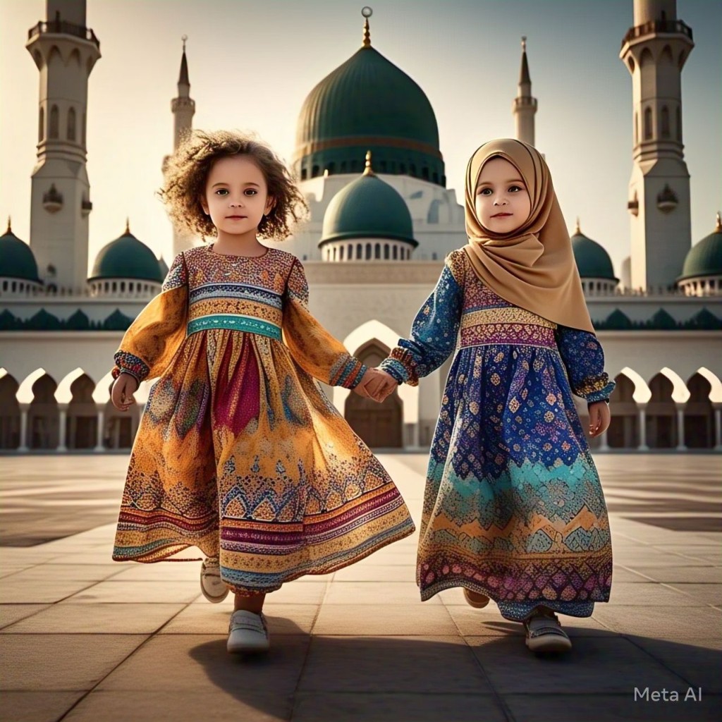 Two girls walking toward camera against a grand mosque backdrop