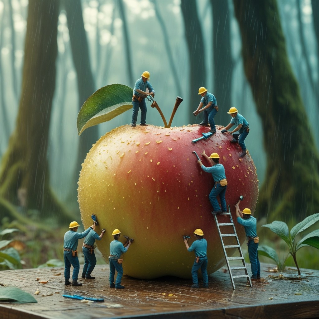 Tiny construction workers carving an enormous apple