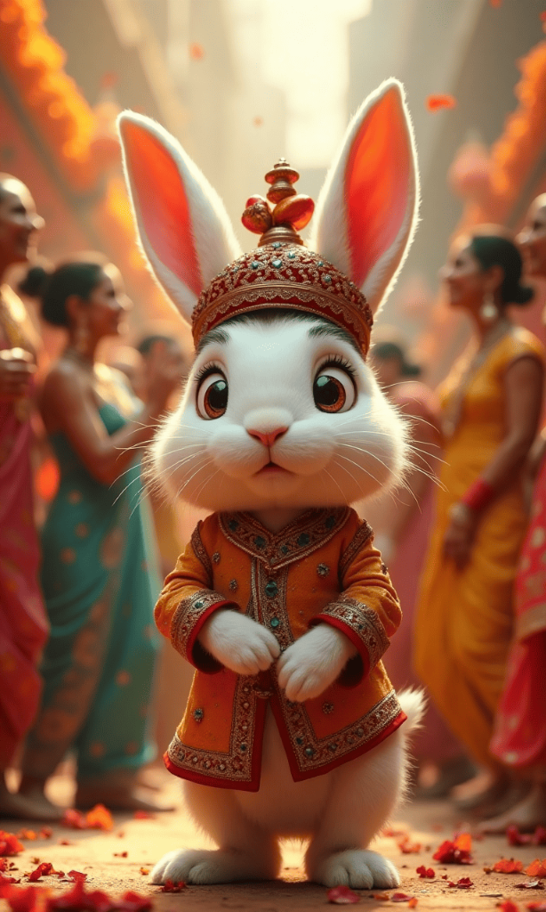 A regal white rabbit in vibrant Indian attire surrounded by celebrants