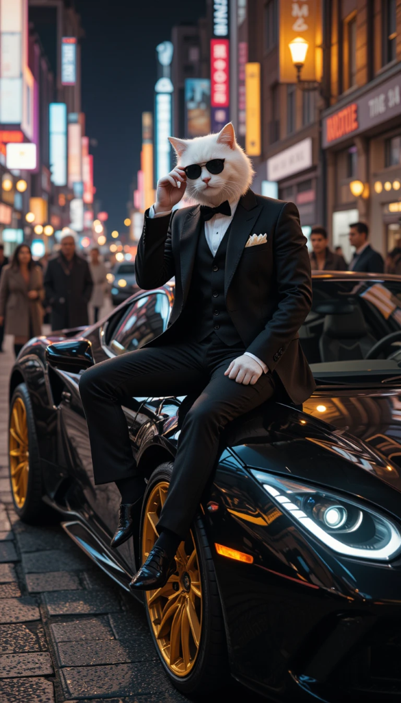 Sleek black cat in tuxedo posing on luxury car at night