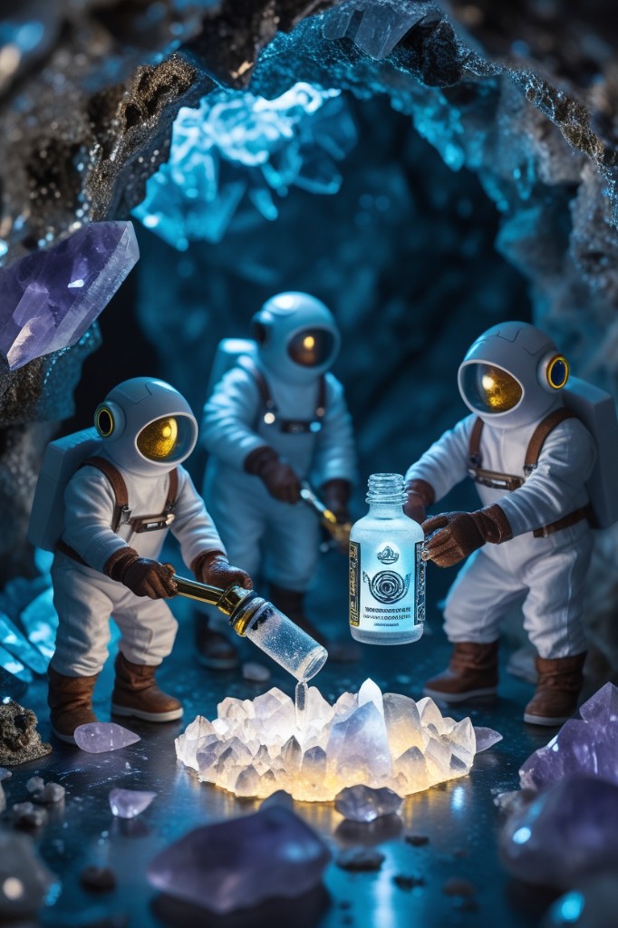Astronauts exploring a glowing crystal cave