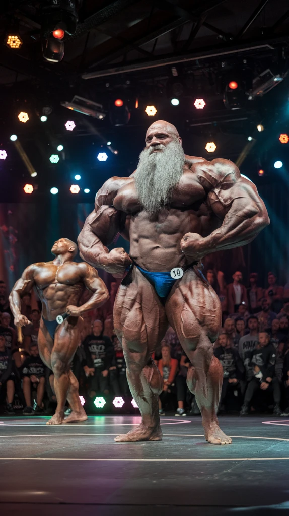 Bodybuilder on stage under starry lights