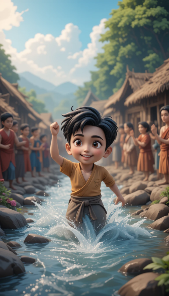 A joyful boy splashing water in a mountain village stream