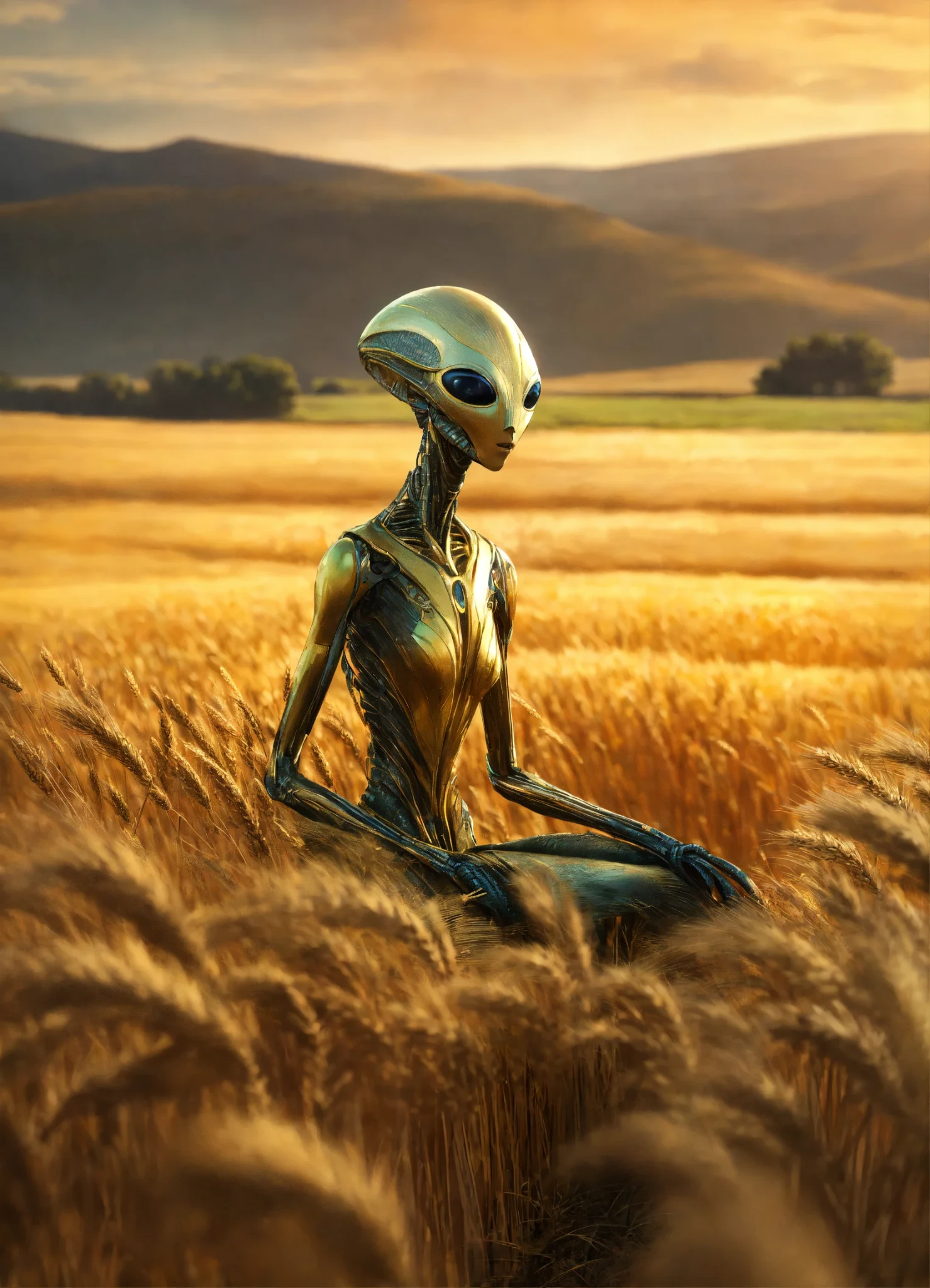 Golden alien in sunset wheat field