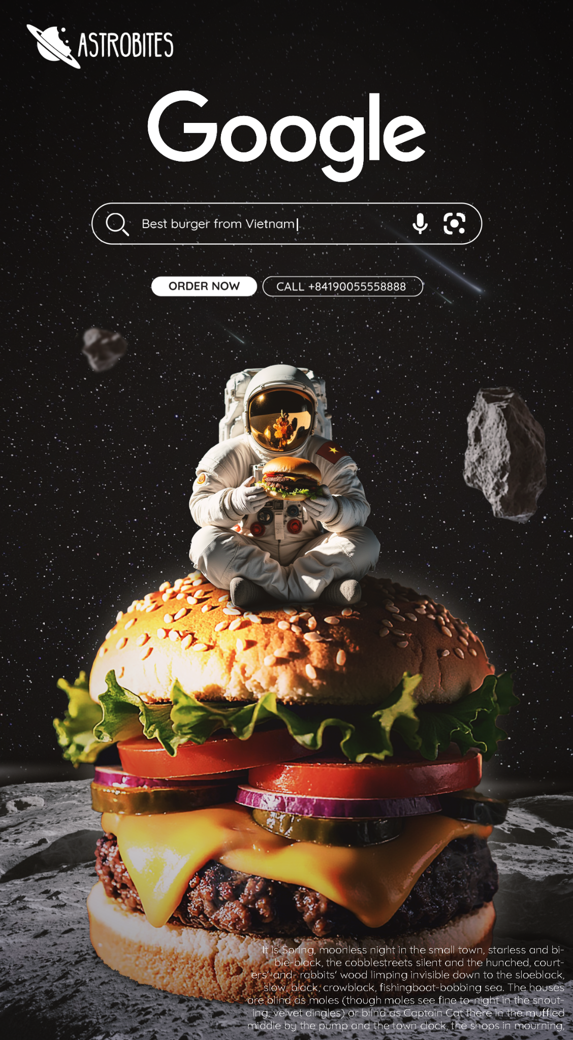An astronaut sits atop a giant burger on the moon