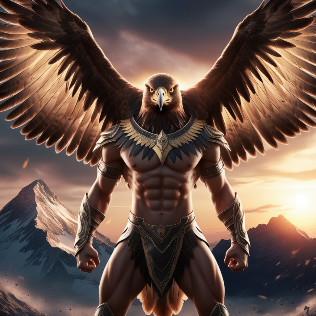 A golden-armored eagle-headed hero stands triumphantly against a fiery sunset backdrop.