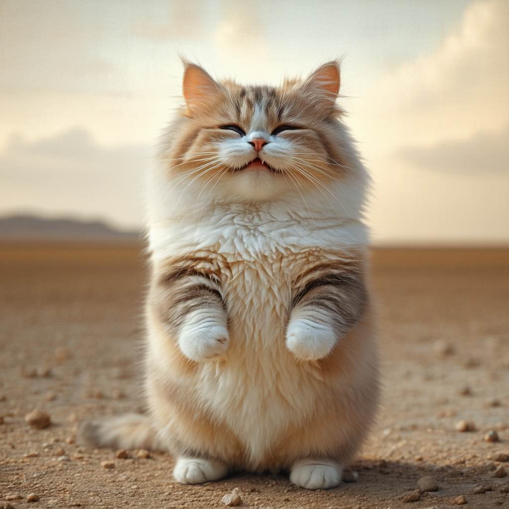 Golden cat meditating in desert sunset