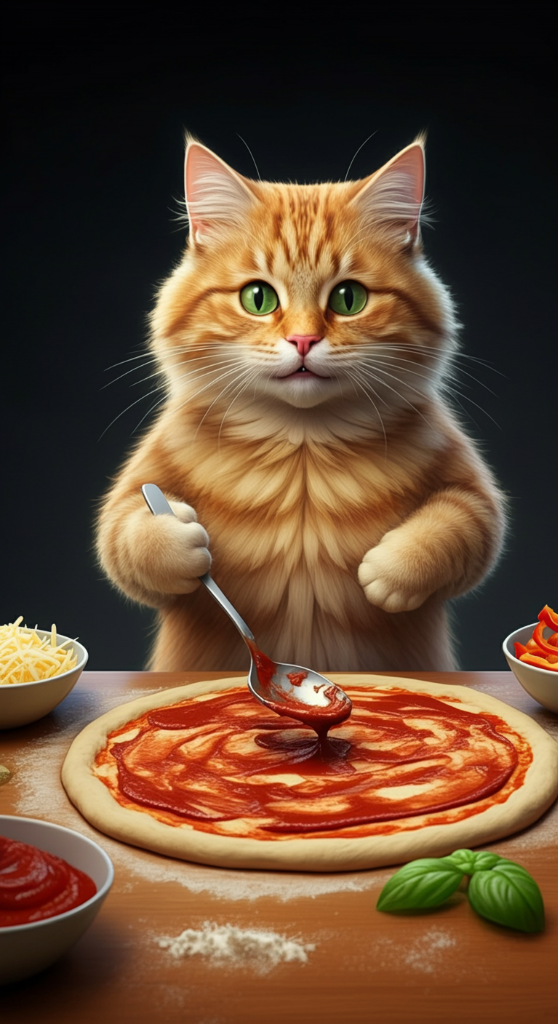 Orange tabby cat making pizza