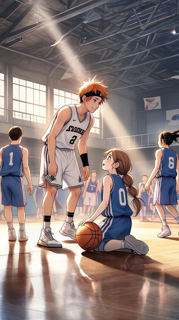 Sunlit basketball court scene