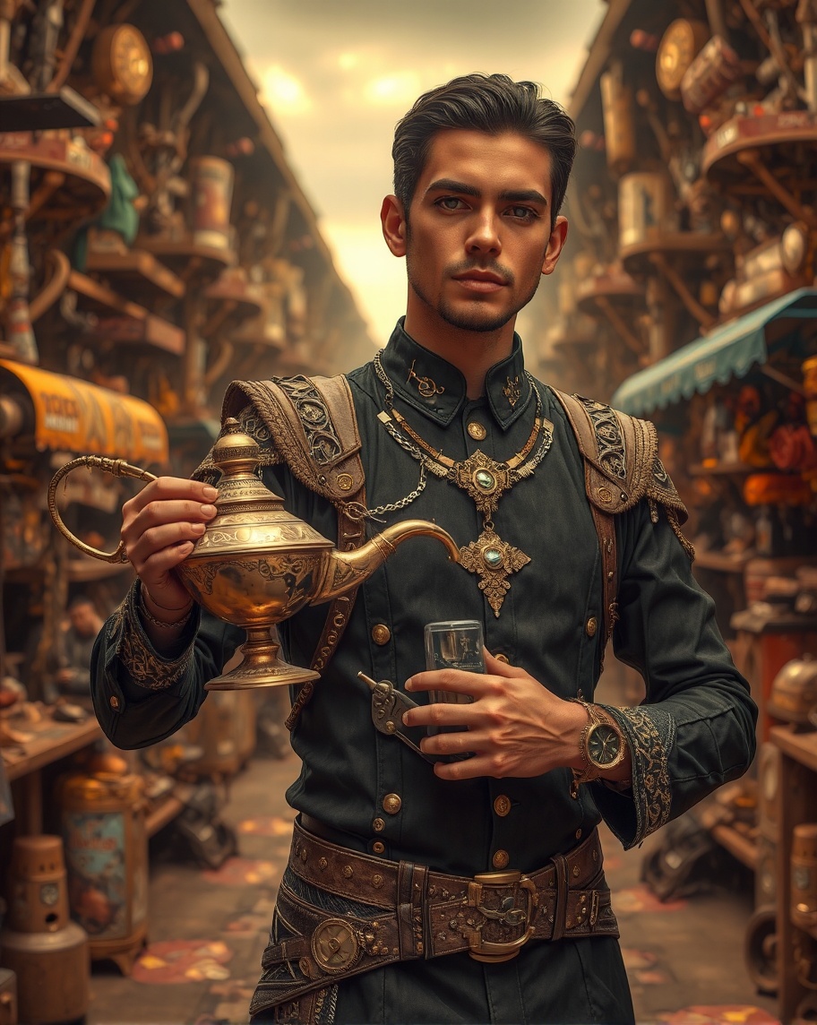 Steampunk inventor in golden uniform holding teapot amidst glowing market