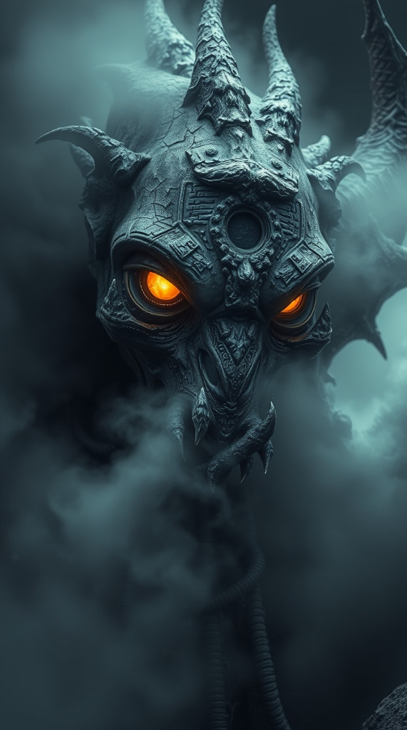 A horned demon emerges from swirling storm clouds
