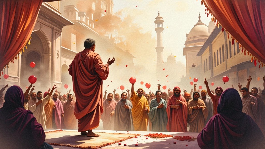 Monk in vibrant red robe surrounded by worshipers