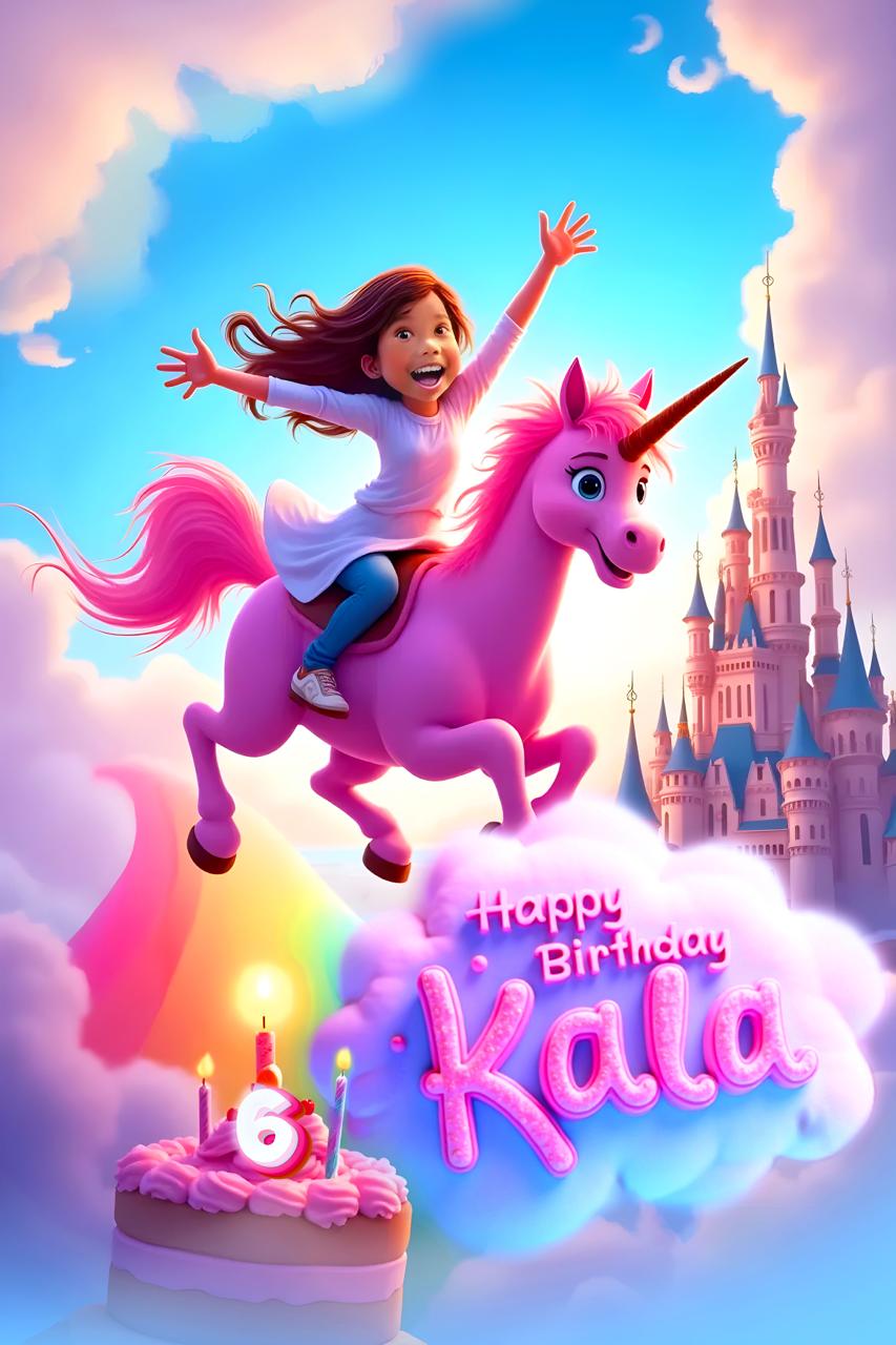 A young girl riding a pink unicorn over clouds with a birthday cake below