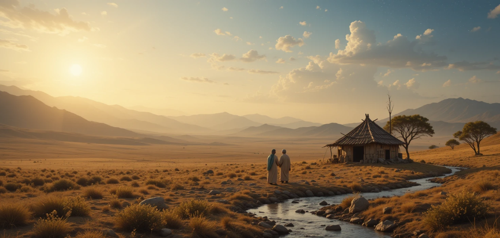 Two robed figures at sunset in desert landscape