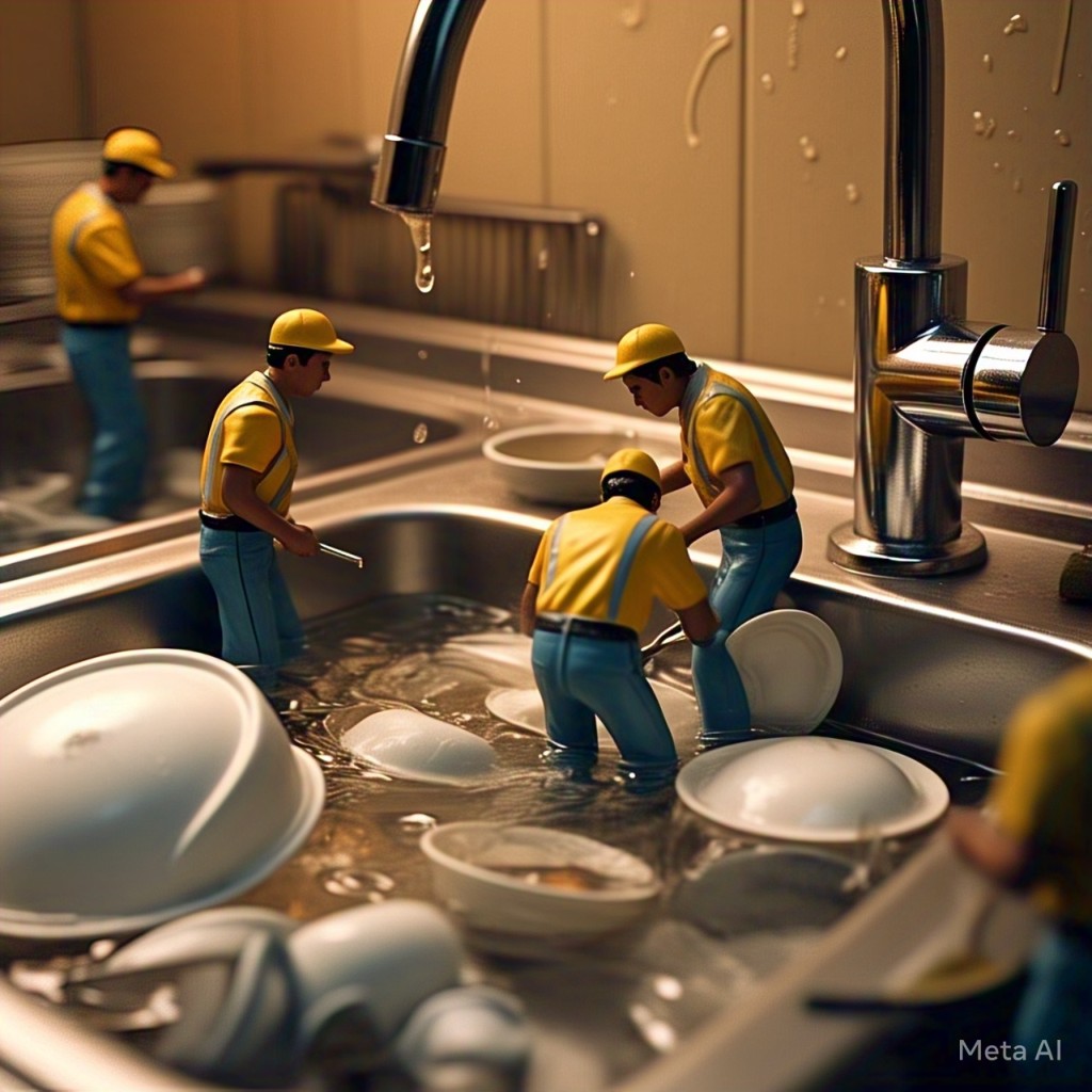 Four miniature construction workers washing dishes in a giant kitchen sink