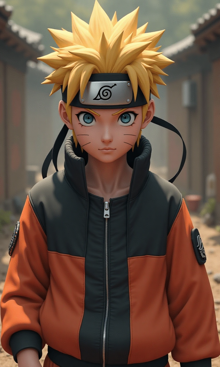 Young ninja in traditional Japanese village