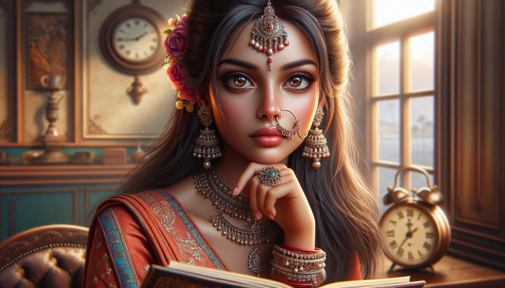 A young woman in vibrant traditional attire sits thoughtfully by a sunlit window