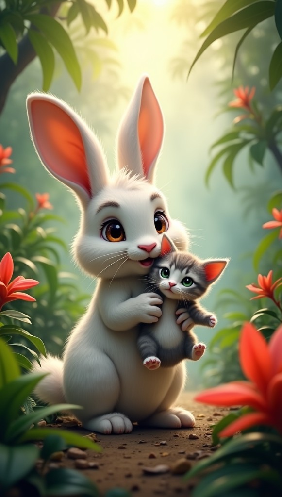 A white bunny cradles a kitten in a sunlit forest