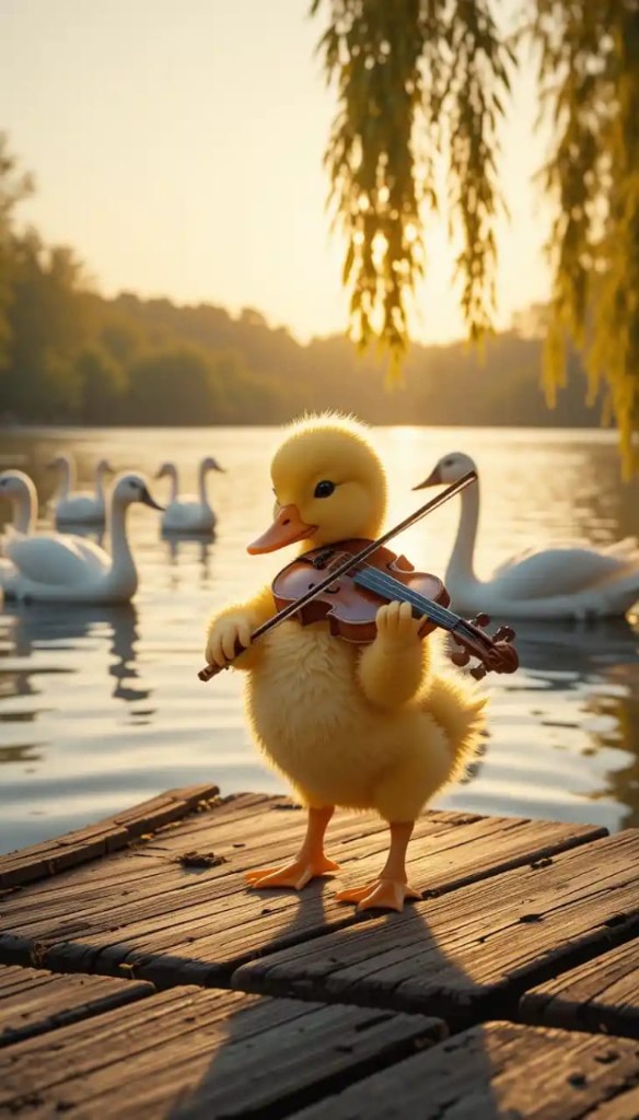 A golden sunset backdrop features a fluffy yellow duckling playing violin on a wooden dock while swans glide gracefully nearby
