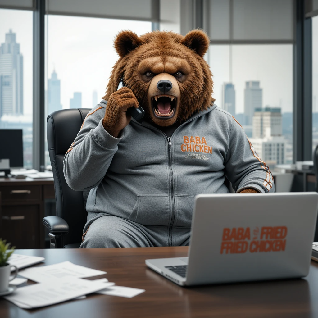 A grizzly bear wearing a gray hoodie labeled 'BABA CHICKEN' speaks urgently on his office phone while papers scatter across his desk.