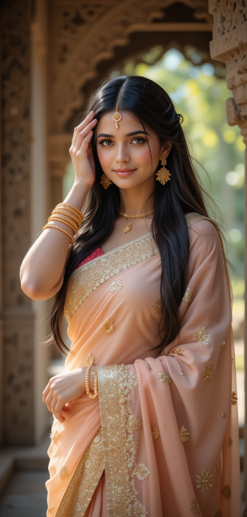 Woman in peach saree stands gracefully against ornate stone carvings