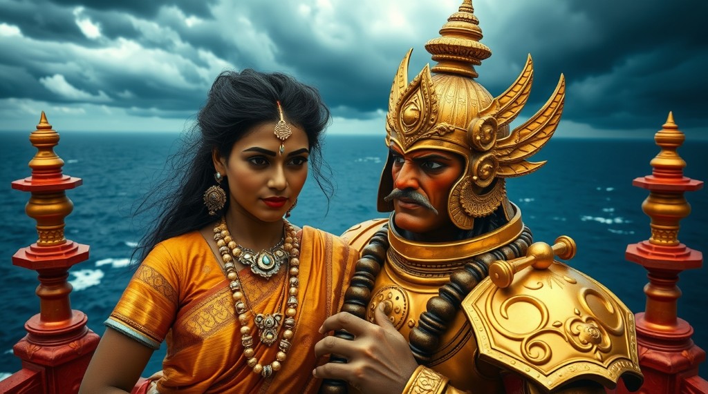 Mystical duo on stormy balcony