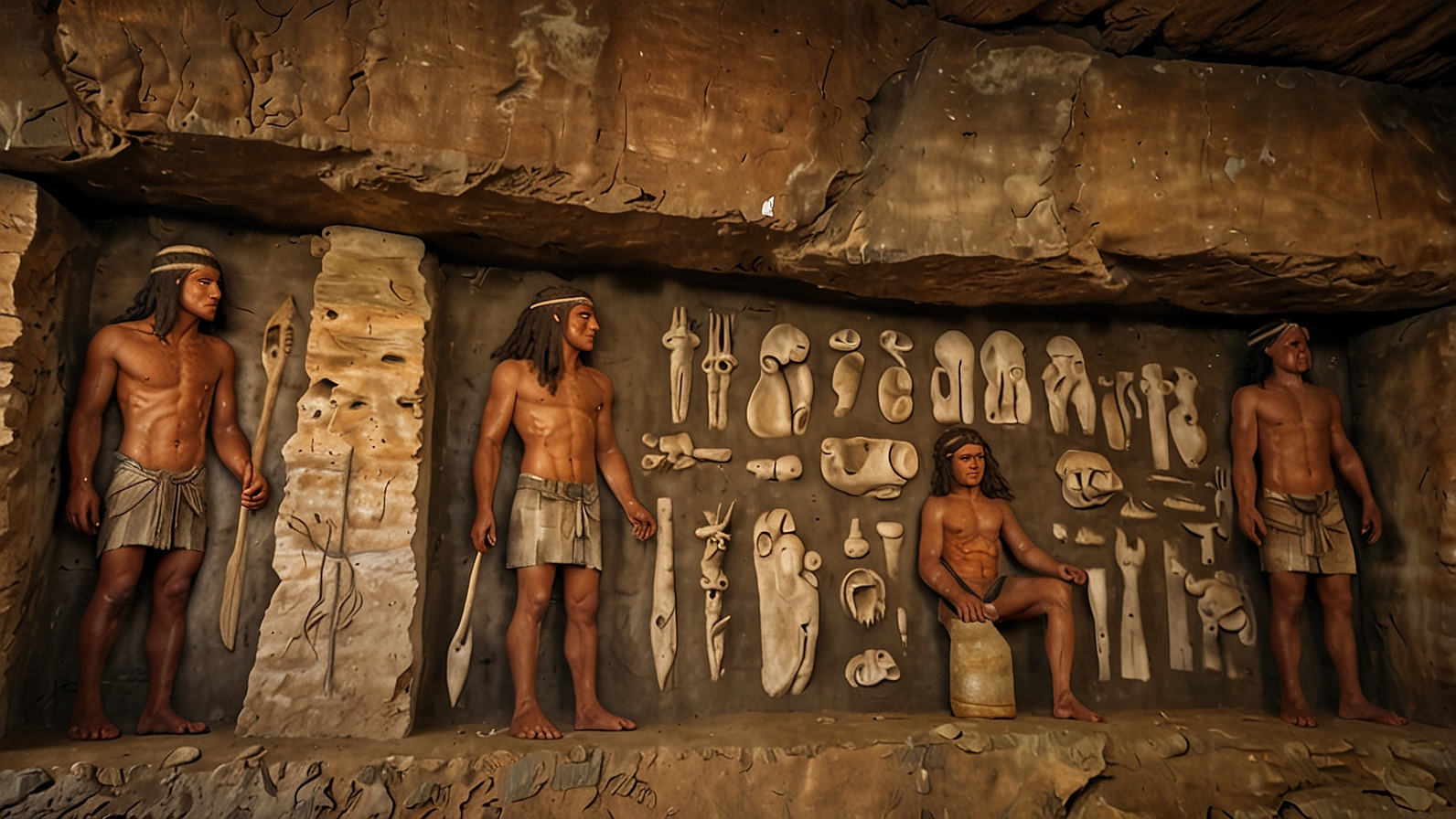 Four Native American figures in an ancient cave setting holding tools