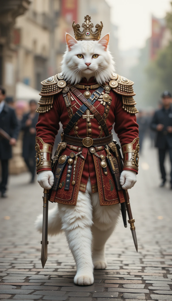 A regal white cat wearing a golden crown marches through cobblestone streets in full military regalia