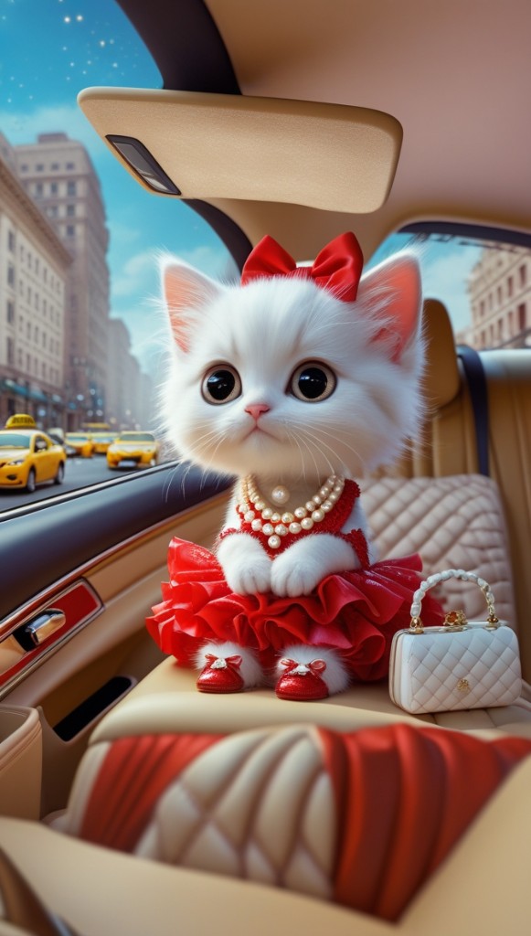 A regal white cat wearing a red bow sits elegantly in a luxury car