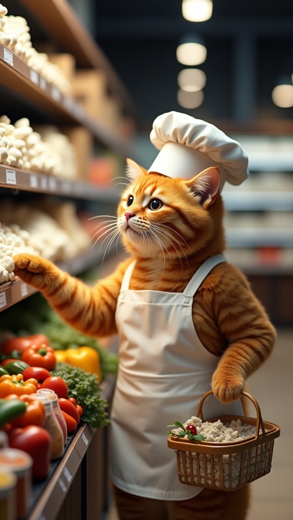An orange tabby cat dressed as a chef examines vegetables in a grocery store