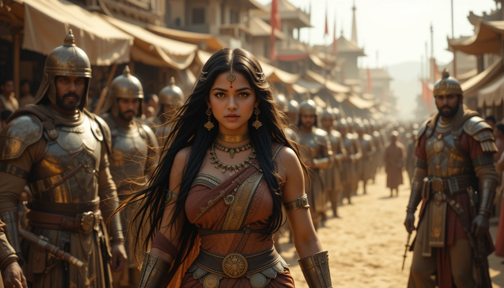 Regal woman leading a grand procession