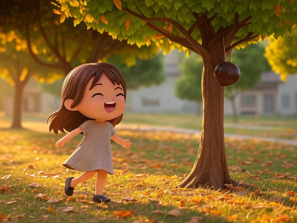 A joyful girl running under a golden apple tree