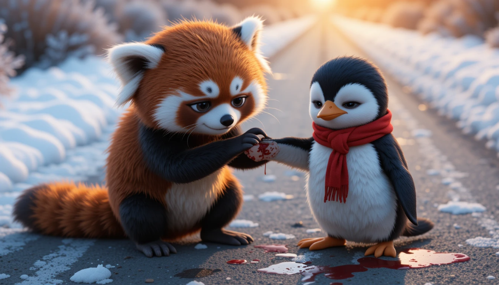 Red panda offering object to penguin