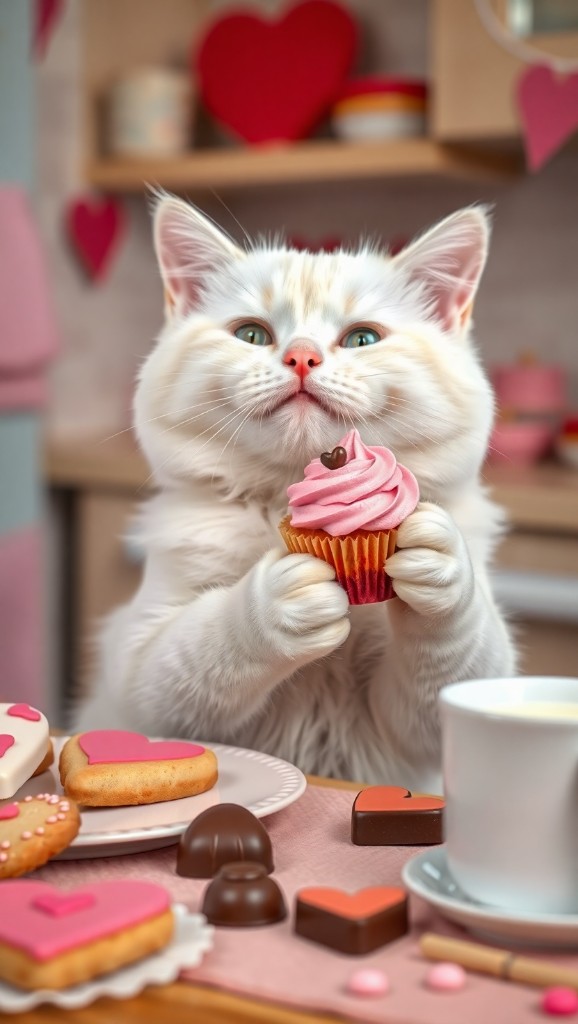 Fluffy white kitten holding a heart-shaped cupcake